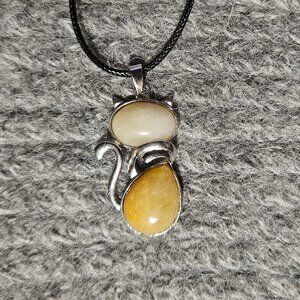 Orange aventurine gemstone/crystal cat pendant, silver plate, black cord, new